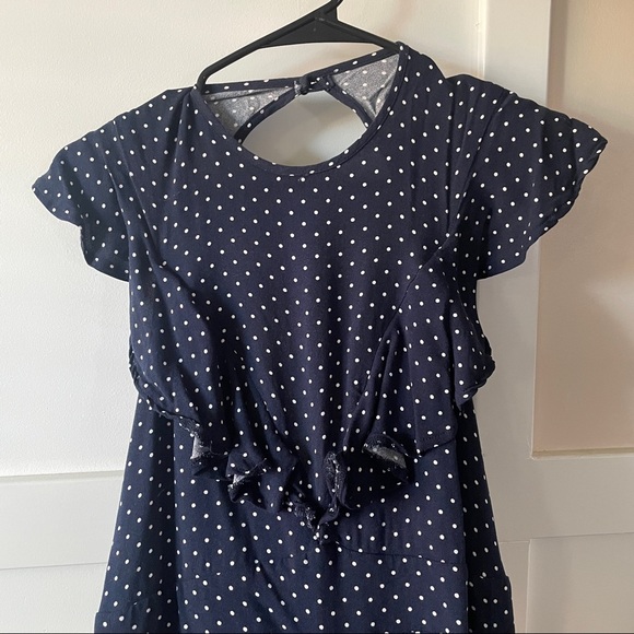 OLIVACEOUS | navy blue polka dot jumpsuit with open back - Picture 4 of 9